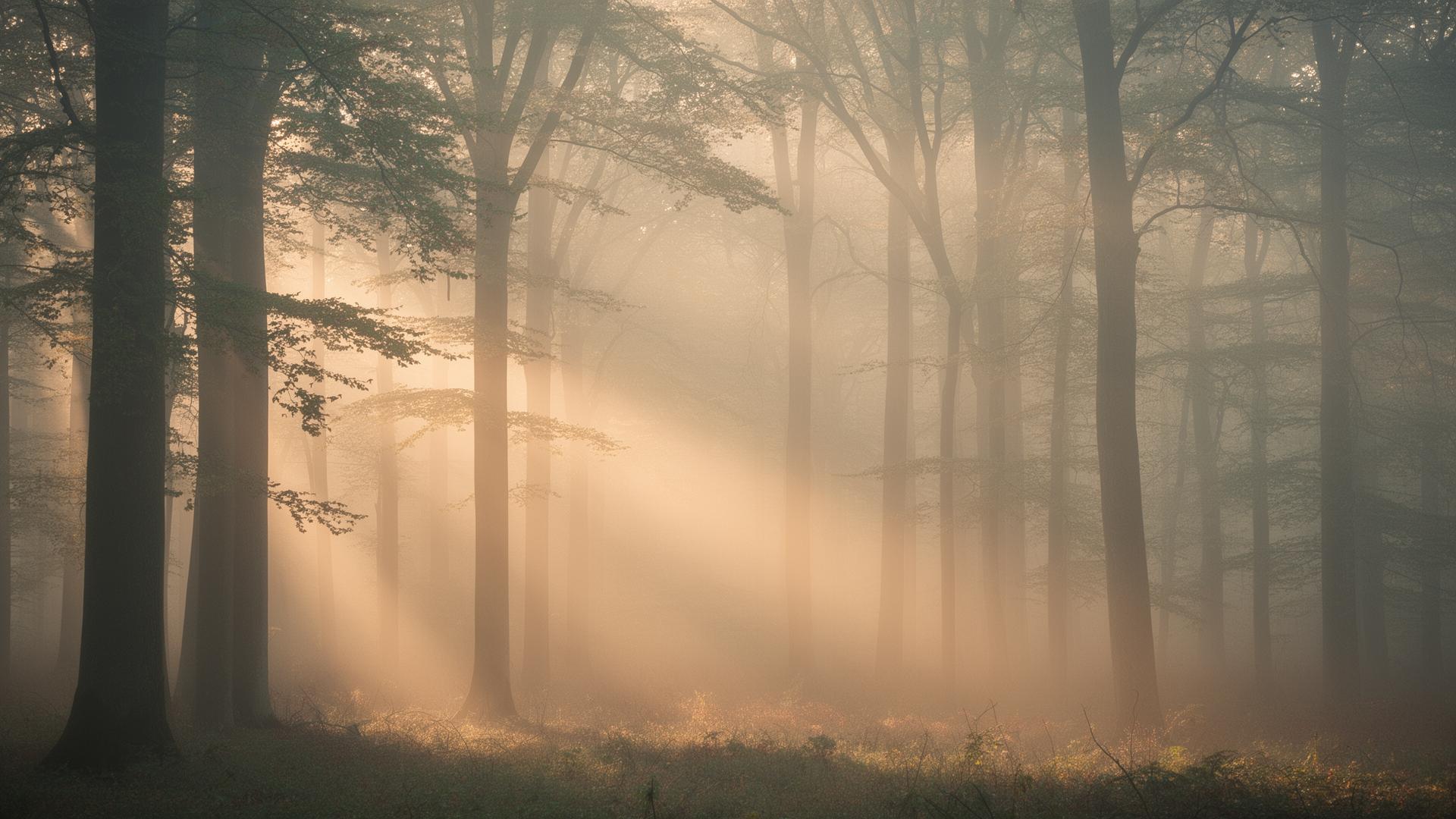 Soft morning light through a misty forest
